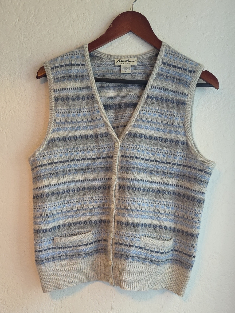 Vintage Eddie Bauer Light Blue and Cream Striped Fair Isle Wool Sweater Vest